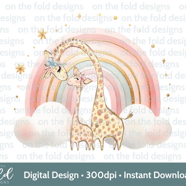 Mothers Day Giraffe Clipart Mummyy + Baby Pink Rainbow Sublimation Print UVDTF DTG Image PNG Design Graphic Daddy & Daughter Cute Teddy