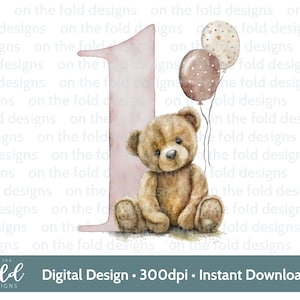 Ours en peluche, numéro 1, ballons, 1er anniversaire, cliparts, sublimation. PNG. Téléchargement numérique instantané, couleurs neutres, motifs sur le pli