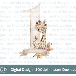 Giraffe Safari clipart, boho flowers, neutral, sublimation design, 1st birthday decal, water slide transparent clipart, instant download