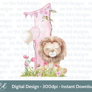 Lion 1er anniversaire des cliparts, bébé ourson, Safari, jungle aquarelle carte bébé gilet Design rose un sublimation impression, Image graphique Uvdtg