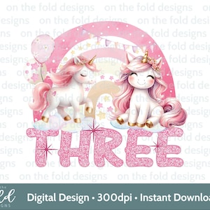 Licorne arc-en-ciel trois PNG Transparent Clipart Design fille 3e anniversaire Girly Glitter Image sublimation impression fabrication de cartes téléchargement immédiat