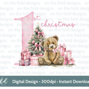 Teddy di Natale, 1° Natale, Baby Pink, download istantaneo di clipart digitale PNG, vestiti per bambini, design di cartoline di Natale, sublimazione, creazione di cartoline