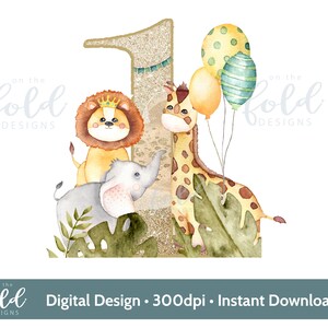 Safari 1st birthday number one png with animal leaf and glitter number design its a transparent clipart image with instant download