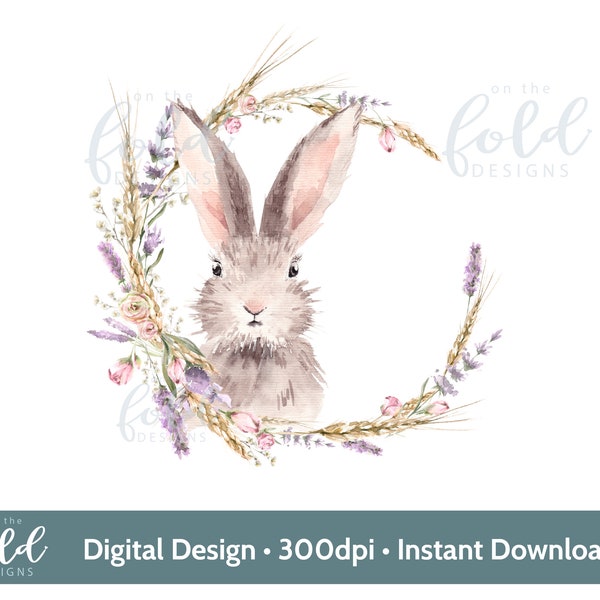 Easter Bunny Wreath, floral garland, watercolour PNG, instant digital download, Happy Easter clipart, crafting images, sublimation