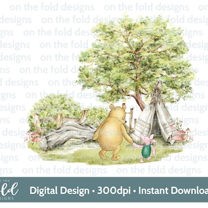 Clipart clásico de Winnie the Pooh Woodland Baby, imagen linda, flores silvestres, imagen transparente, impresión UVDTF por sublimación, gráfico de acuarela