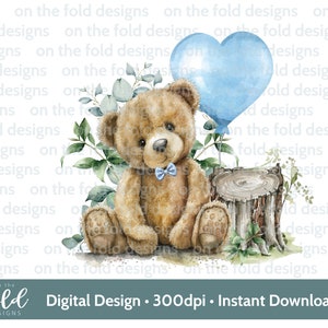 Clipart di Teddy Palloncino Blu Acquerello PNG Clipart Digitale Istantaneo Gilet per Neonati Biglietto Palloncino Blu Gilet di Pasqua Stampa a Sublimazione UVDTF