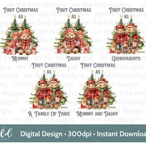 Premier Noël Teddy Family Bundle, 1er Noël, téléchargement clipart numérique instantané PNG, conception de carte de Noël, boule de Noël. Sublimation, fabrication de cartes