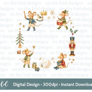 May include: A digital illustration featuring a circular arrangement of watercolour Christmas elements including mice in military uniforms, a nutcracker, a swan, a rocking horse, a pine tree, gifts, stars, and a crown, with the text on the fold designs.