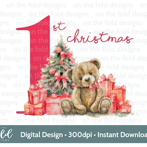 Nounours de Noël, 1er Noël, téléchargement clipart numérique instantané PNG rouge, vêtements pour bébé, conception de cartes de Noël, sublimation, fabrication de cartes DTF, DTG
