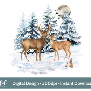 Scène de neige de forêt boisée d'hiver avec png d'animaux ~ clipart numérique instantané de cerf des bois idéal pour les cartes de sublimation de Noël et les cadeaux