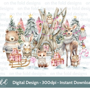 Noël forêt rose forêt des cliparts scène d'hiver 1er Noël PNG téléchargement immédiat sublimation carte conception boule impression pj souvenir artisanat