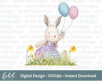 May include: A watercolor illustration of a white bunny wearing a purple dress and holding two balloons. The bunny is sitting on a bed of green grass with yellow flowers and colorful Easter eggs.
