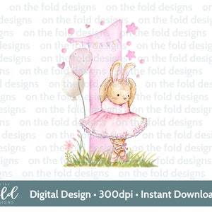 Ballerina, 1.Geburtstag, Ballet Bunny, rosa Tänzerin, Sublimationsdesign, PNG, digitaler Download, Geburtstagskind, sofortiger digitaler Download