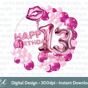 Dreizehn Clipart, Teenager Baby rosa Ballons PNG Teenager Clipart, 13. Einladung Design, PJ Sublimation, UVDTF Pullover Bild
