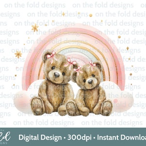 Teddybär Baby Rosa Mädchen Regenbogen PNG transparenten Hintergrund New Baby Aquarell Sublimation digitaler Download UV-DTDFTG Big Little Sister