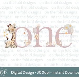 Giraffe Safari clipart, boho flowers, neutral, sublimation design, 1st birthday decal, waterslide transparent clipart, instant download ONE