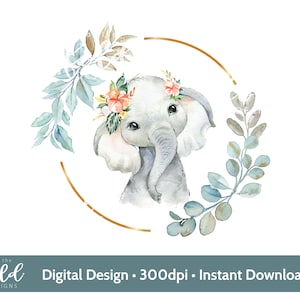 Elefante safari com flores e design de guirlanda é perfeito para personalização O png é um clipart transparente com download instantâneo