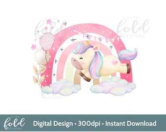 Unicorn Rainbow PNG, transparent clipart design, Girl birthday, Image, sublimation printing, card making, Print your own, instant download