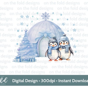 Christmas Penguins Igloo Clipart Blue New home 1st PNG Instant Download, Card Design, Baubles, Crafting, Sublimation Watercolor Xmas Sack
