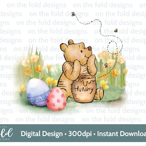Classico uovo di Pasqua di Winnie The Pooh, PNG acquerello, sublimazione, clipart digitale, download immediato, creazione di biglietti, design del gilet per neonati UVDTF