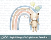 Teddy Blue Rainbow PNG, transparent clipart design, New Baby, sublimation printing, card making, Print your own, instant download