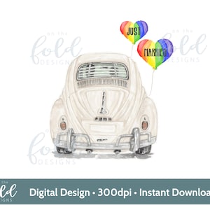 Boda del Orgullo LGBTQ, Recién Casados PNG, Coche de Boda Azul Descargar Impresión Instantánea, Imágenes Prediseñadas de Acuarela, Diseños de Sublimación, Diseño de Tarjetas