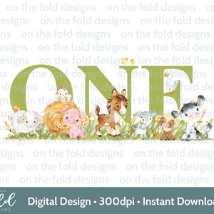 Vert ferme cour animaux PNG Clipart 1er anniversaire Tshirt carte Design DTF DTG impression par sublimation téléchargement immédiat fille une invite autocollant