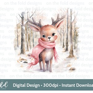 Renne mignon Clipart pays des merveilles de l'hiver rose scène de la forêt de Noël PNG sublimation carte conception boule impression pyjama Image graphique aquarelle