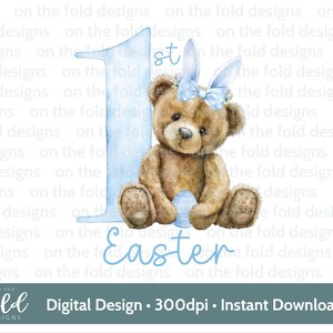 1° Pasqua Teddy Clipart Orecchie da coniglio blu Acquerello PNG Clipart digitale istantanea Gilet per bambini Carta Uv Dtf Dtg Gilet di Pasqua Stampa a sublimazione