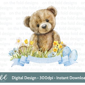 Clipart orsetto di Pasqua, acquerello, PNG, sublimazione, clipart digitale, creazione di biglietti, immagine UV-DTF del gilet per neonati, pigiama di Pasqua, narcisi, tulipani