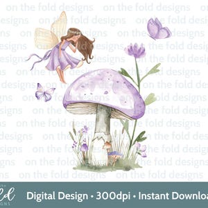 Clipart de hada lila, diseño morado mágico, hongo del bosque, acuarela, cumpleaños, PNG, niña, impresión, fondo transparente, diseño de sublimación