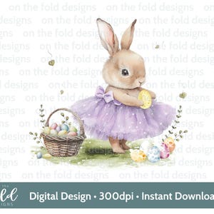 1a Pasqua Viola Clipart Ballerina Coniglietto Coniglio Uovo Acquerello PNG Sublimazione Digitale Carta Creazione Gilet Bambino Design UV-DTF Pj's Card