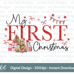 1º Natal Teddy Clipart Xmas Red Snow Scene PNG Candy Cane Download Digital Instantâneo Bebê Colete Papai Noel Saco Cartão Design Sublimação DTF DTG