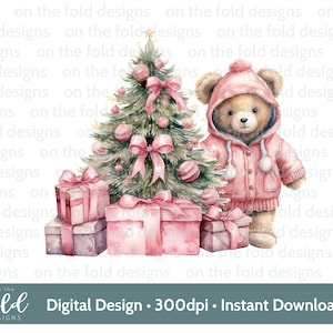 Teddy di Natale, 1° Natale, Baby Pink, download istantaneo di clipart digitale PNG, vestiti per bambini, design di cartoline di Natale, sublimazione, creazione di cartoline