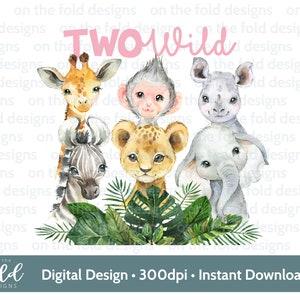 DOIS animais safari selvagens png, flores amarelas, sublimação, clipart transparente, download instantâneo, presentes de segundo aniversário, festa safari,