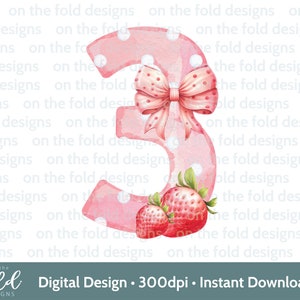 Erdbeere 3. Geburtstag Clipart PNG Beere Drei Bild Aufbügeln Sublimation Crafting Kartenherstellung UVDTF DTG Transparent Download