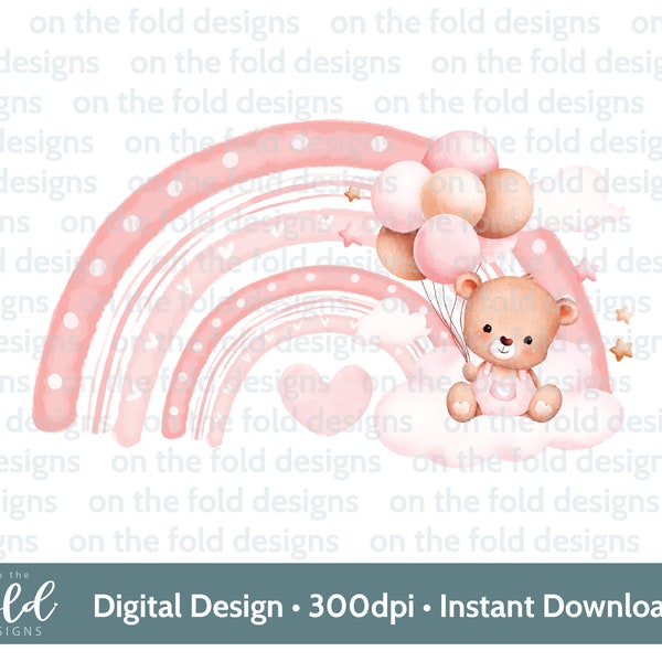 Teddy Pink Balloons Rainbow Bear, PNG Clipart, Girls birthday, Baby Shower, Sublimation clipart, tumbler design, girls pink wall art print