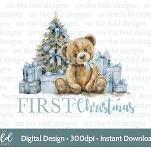 Teddy di Natale, 1° Natale, Baby Blue, download istantaneo di clipart digitale PNG, vestiti per bambini, design di cartoline di Natale, sublimazione, creazione di cartoline