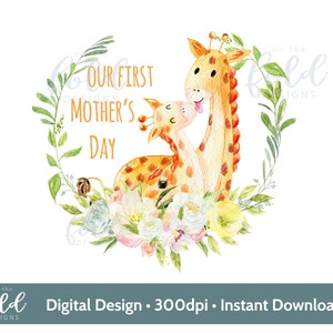 Festa della mamma Corona floreale con mamma e giraffa Clipart trasparente da scaricare immediatamente per personalizzare i tuoi lavoretti, sublimazione, stampa di biglietti