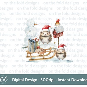 Hérisson Noël Clipart animaux de la forêt, sublimation numérique png, jolie scène d'hiver, taie d'oreiller, pyjama, pull, conception de t-shirt Noël Jpeg