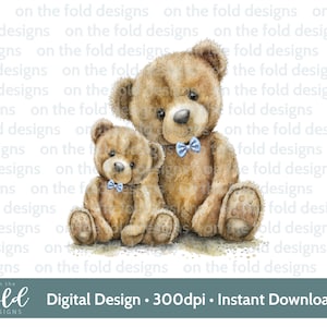 Orsetto di peluche, papillon blu, download PNG, 2 orsacchiotti trasparenti, compleanno festa del papà, ricordo, design a sublimazione, download digitale,