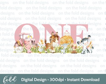 Pink Farm Yard Animals PNG Clipart 1st Birthday Tshirt Card Design DTF DTG Sublimation Print Instant Download Girl One Invites Sticker