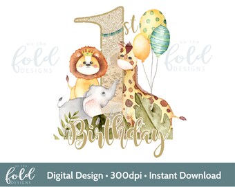 Safari 1e verjaardag nummer één png met dierenblad en glitternummerontwerp. Het is een transparante clipartafbeelding met directe download