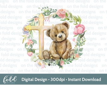 Teddy Bear Christening, Baptism, Naming Day, Holy Communion  Cross, PNG, sublimation design, instant download file, transparent background