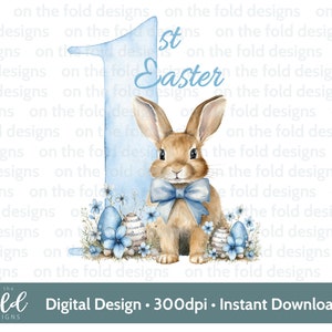 1a Pasqua, Coniglietto blu, Acquerello, PNG, Sublimazione, Clipart digitale, Creazione di biglietti, Design gilet per neonati, Immagine UV-DTF, Pigiama di Pasqua
