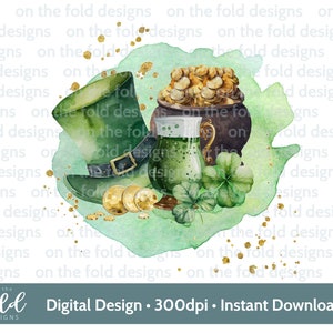 Puede incluir: Una ilustración de acuarela de un sombrero verde de duende, una olla de monedas de oro, un vaso de cerveza verde y tréboles sobre un fondo de acuarela verde. El texto "Digital Design - 300dpi - Instant Download" está en la parte inferior de la imagen.