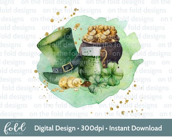 May include: A watercolor illustration of a green leprechaun hat, a pot of gold coins, a glass of green beer, and shamrocks on a green watercolor background. The text "Digital Design - 300dpi - Instant Download" is at the bottom of the image.