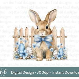 Clipart di coniglietto pasquale blu, papillon blu, acquerello, PNG, sublimazione, creazione di biglietti da visita digitali, design di gilet per neonati, immagine UVDTF
