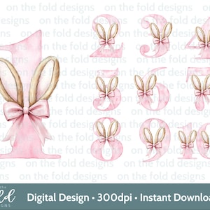 Häschen Zahl Clipart, Rosa Geburtstag PNG Kaninchenohren Aquarell Transparent Digitale Sublimation DTF Bild Karten Tshirt Weste Design