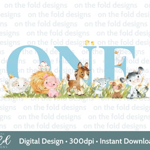Bleu ferme cour animaux PNG Clipart 1er anniversaire Tshirt carte Design DTF DTG impression par sublimation téléchargement immédiat fille une invite autocollant